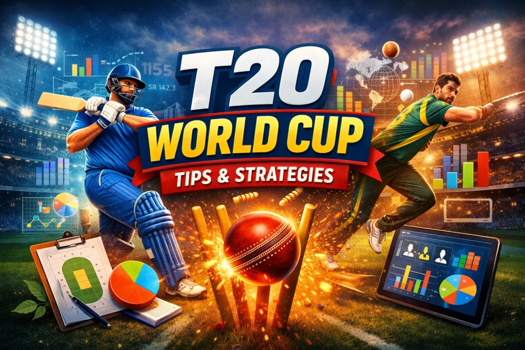 Magic Win T20 World Cup Tips introduction image showing cricket players, stadium analytics and expert match strategy visuals