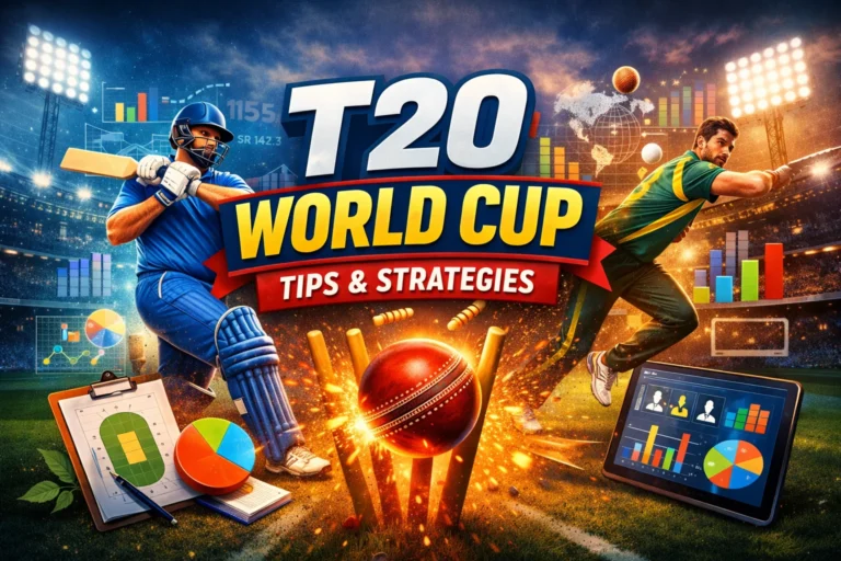 Magic Win T20 World Cup Tips introduction image showing cricket players, stadium analytics and expert match strategy visuals