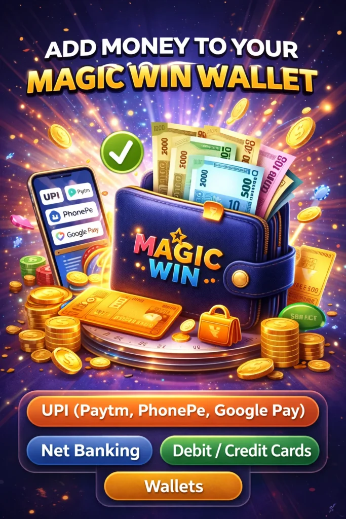 Magic Win wallet graphic with UPI, PhonePe, Paytm, Google Pay, net banking, and secure deposit options.