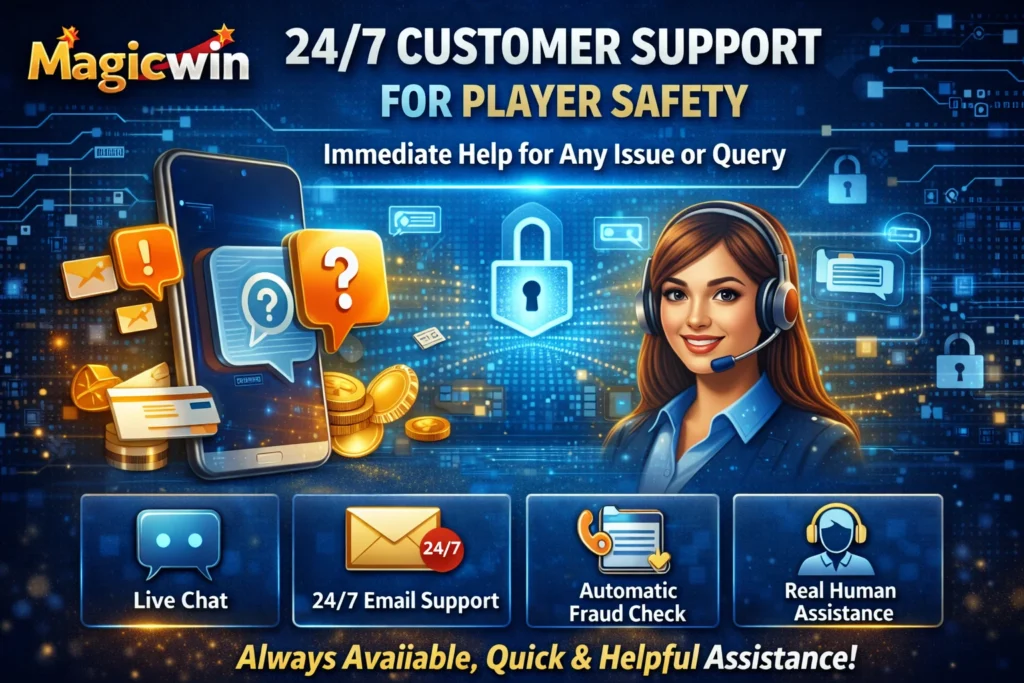 Magicwin 24/7 customer support for safe and secure real money online casino gaming.