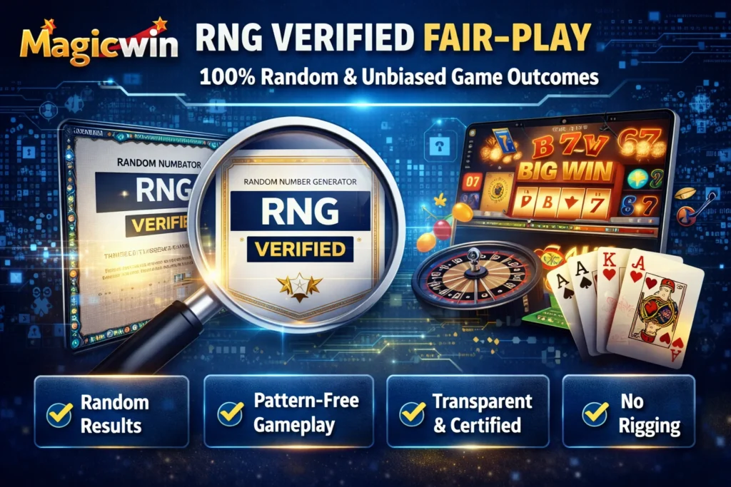 Magicwin RNG verified fair-play system ensuring random and unbiased casino gameplay.