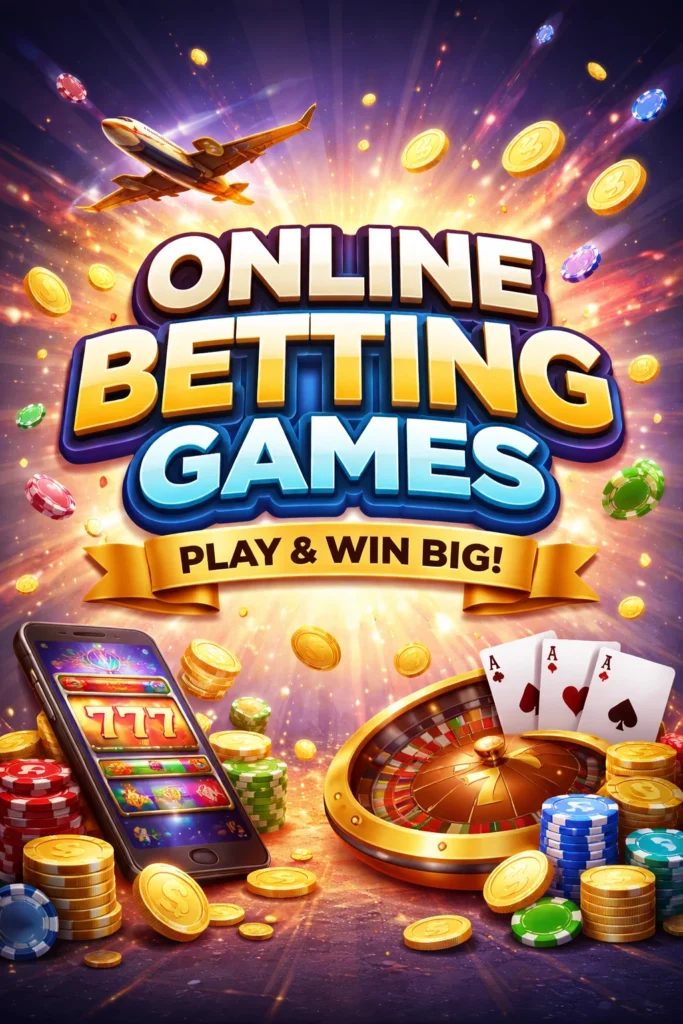 Illustration showing online betting games with roulette, cards, coins, and a mobile slot machine on Magic Win.