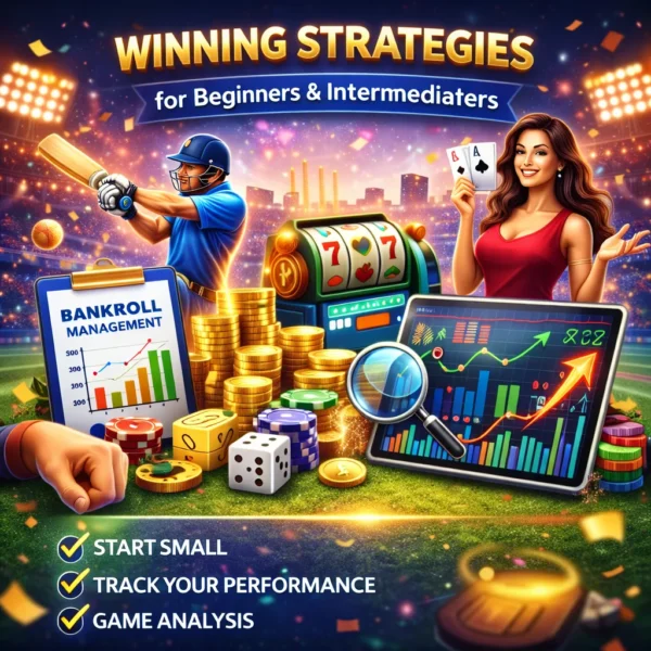Online Games Gembling winning strategies illustration with bankroll management charts and cricket gaming visuals