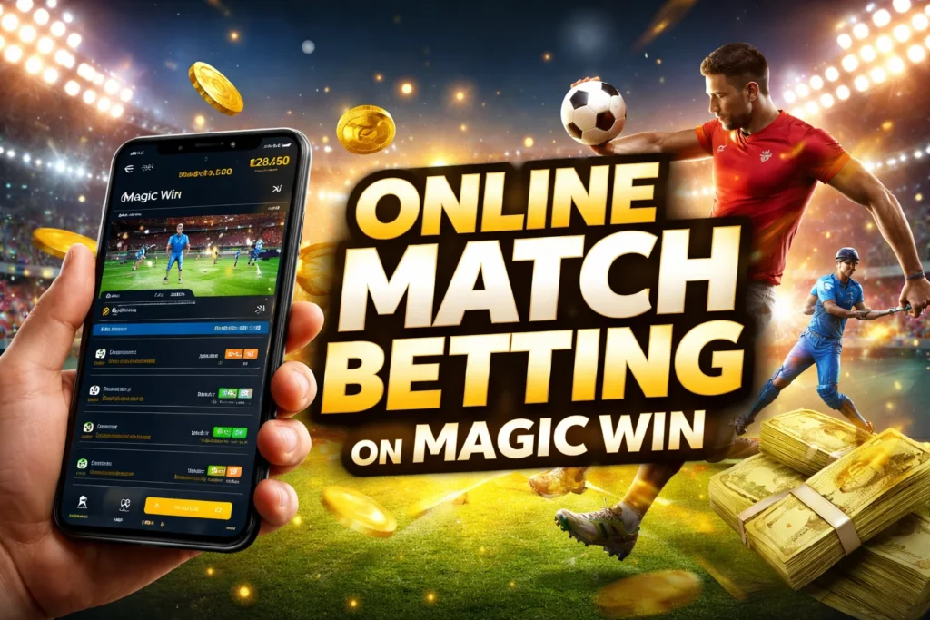 Online Match Betting platform Magic Win displayed on smartphone with live cricket and football betting interface