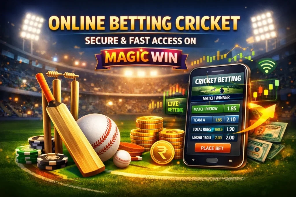 Online Betting Cricket on Magic Win with secure and fast access displayed on a cricket stadium background.