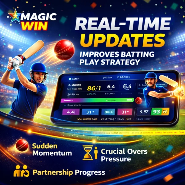Real-time Batting Play updates on Magic Win showing batting momentum, partnership progress, and live cricket strategy insights