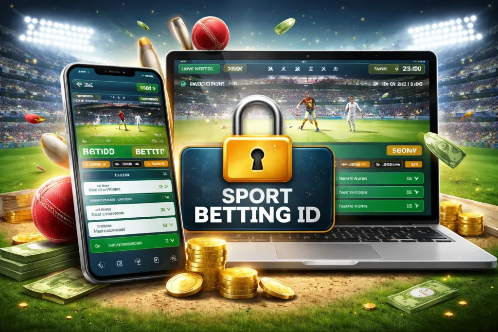 Sport Betting ID dashboard on Magic Win showing live cricket betting on mobile and laptop with secure login and wallet balance.