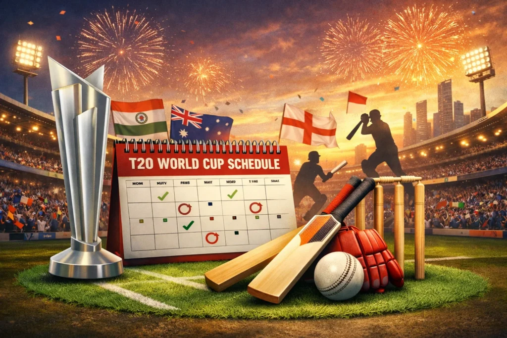 T20 World Cup Schedule overview with trophy, cricket stadium, and match calendar