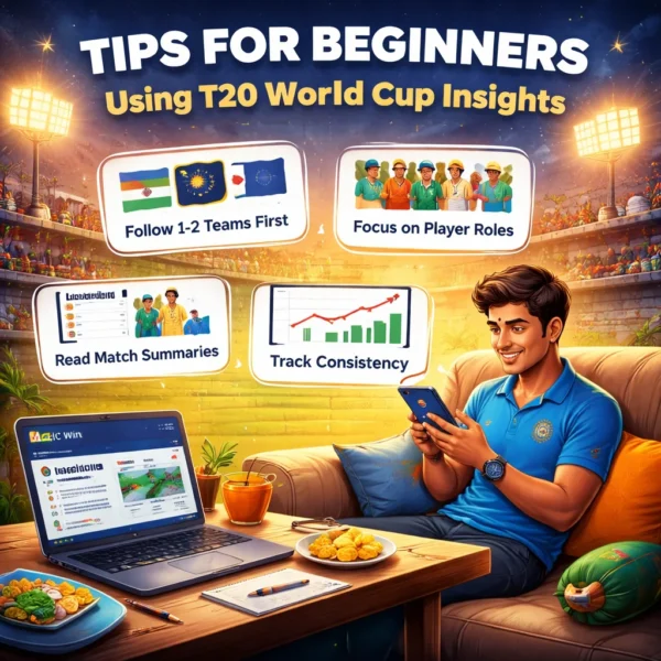 Beginner using smartphone learning T20 World Cup Team insights and tips on Magic Win platform