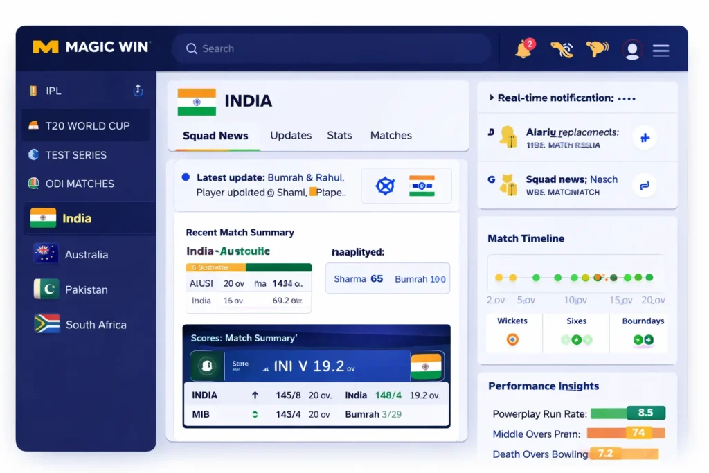 Magic Win interface showing T20 World Cup Team player stats squad news and match timeline