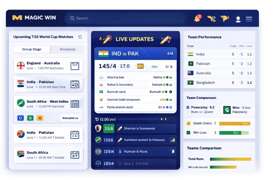 Magic Win cricket platform showing T20 World Cup Team live updates match schedule and performance stats