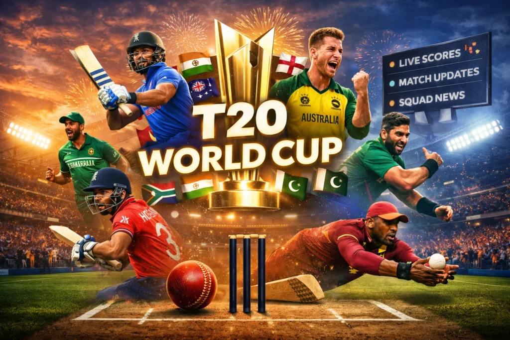 T20 World Cup Team players with trophy and stadium background representing Magic Win cricket updates