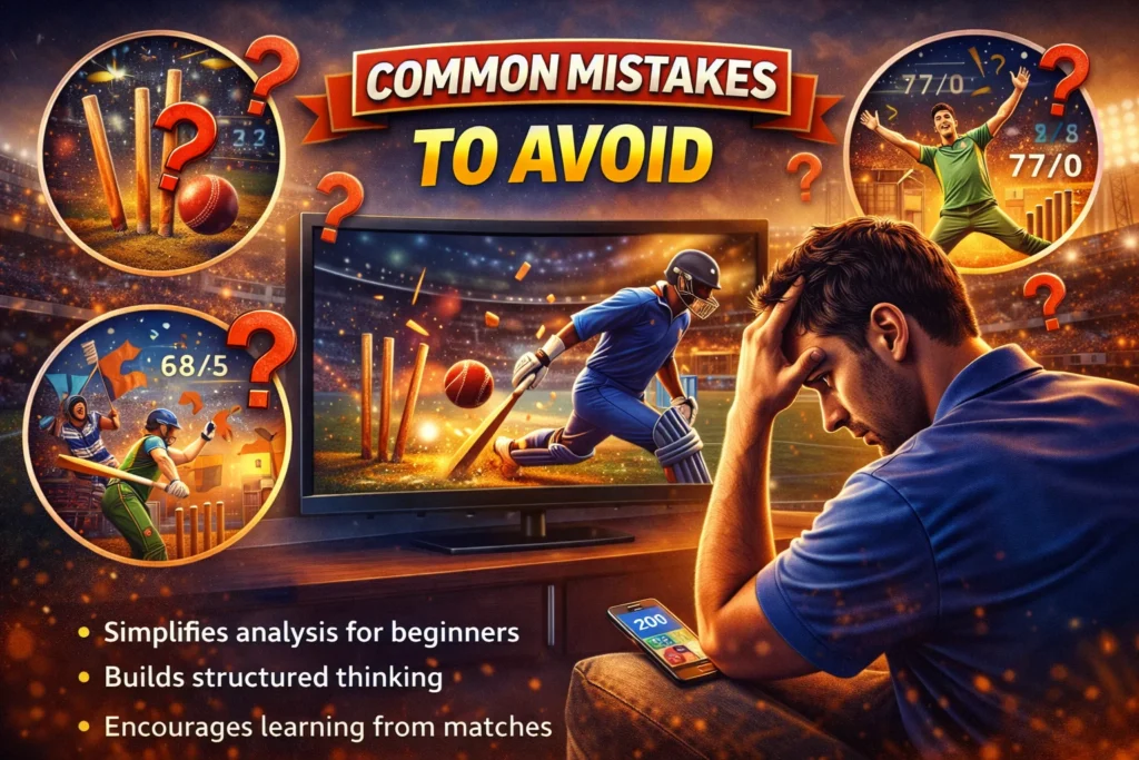 Common mistakes in T20 World Cup Tips showing cricket fan analyzing match errors and strategy confusion