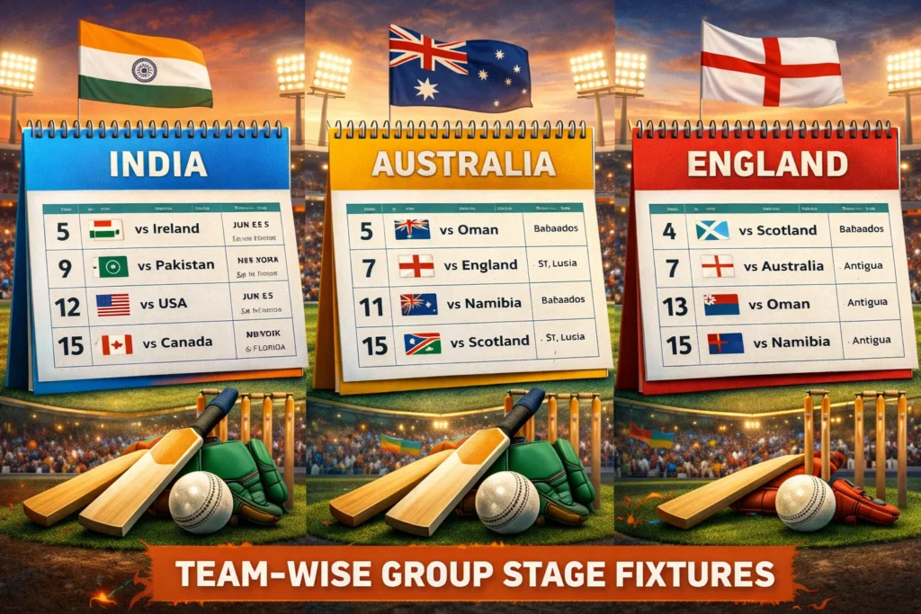 Team-wise T20 World Cup Schedule showing group stage fixtures and match dates