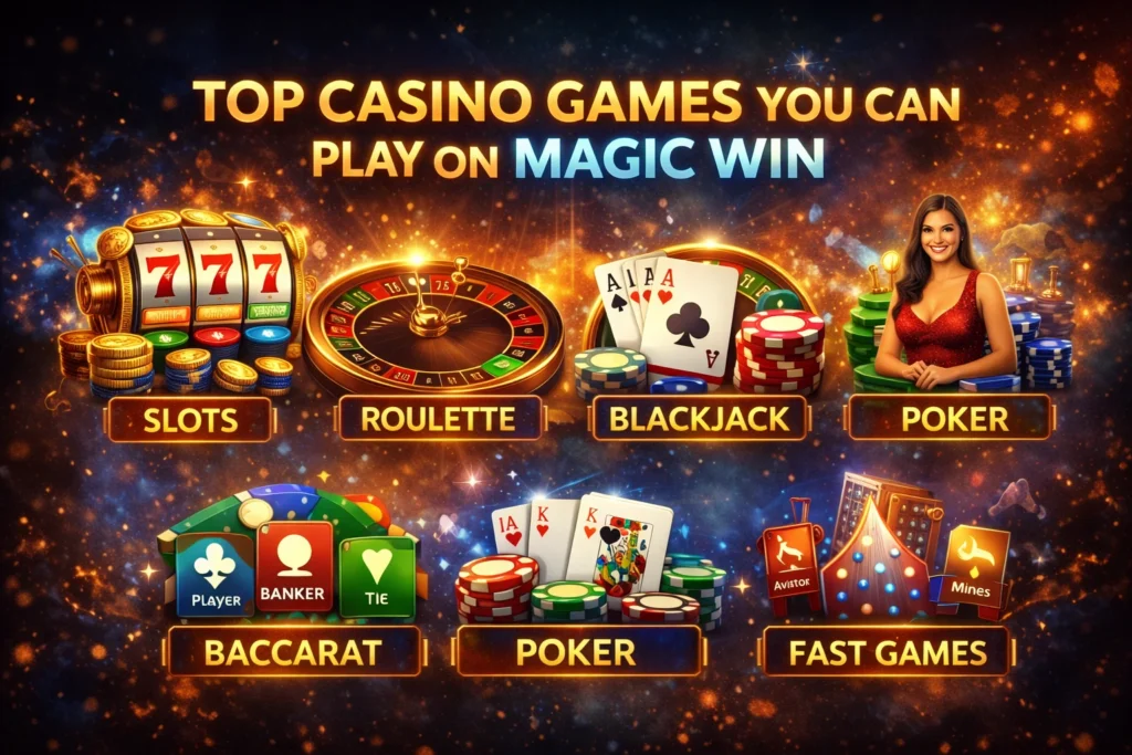 Top online casino games available on Magic Win including slots, roulette, blackjack and poker