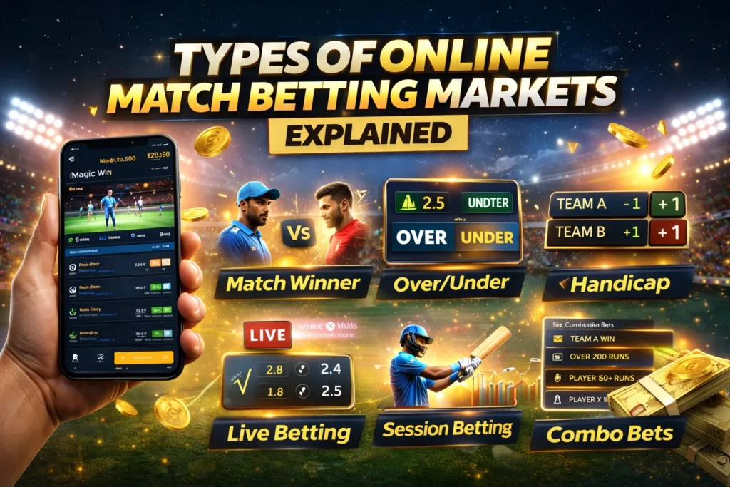 Different Online Match Betting markets including match winner, over under, handicap and live betting on Magic Win