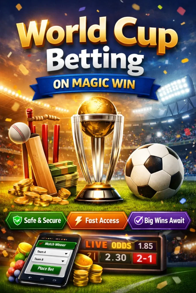 World Cup Betting on Magic Win with cricket and football graphics, trophy, odds, and betting interface.