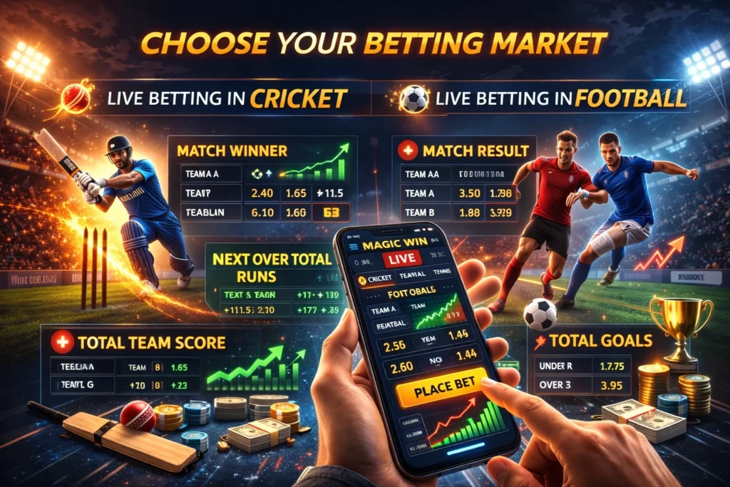 Step-by-step live sports betting process on Magic Win including match selection, real-time odds, and secure Sport Betting ID login.