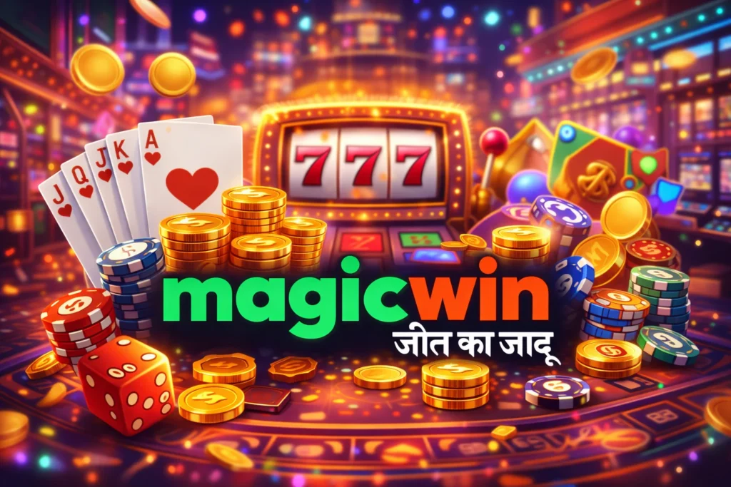 Magic Win casino online gambling platform with slot machine, cards, chips and coins