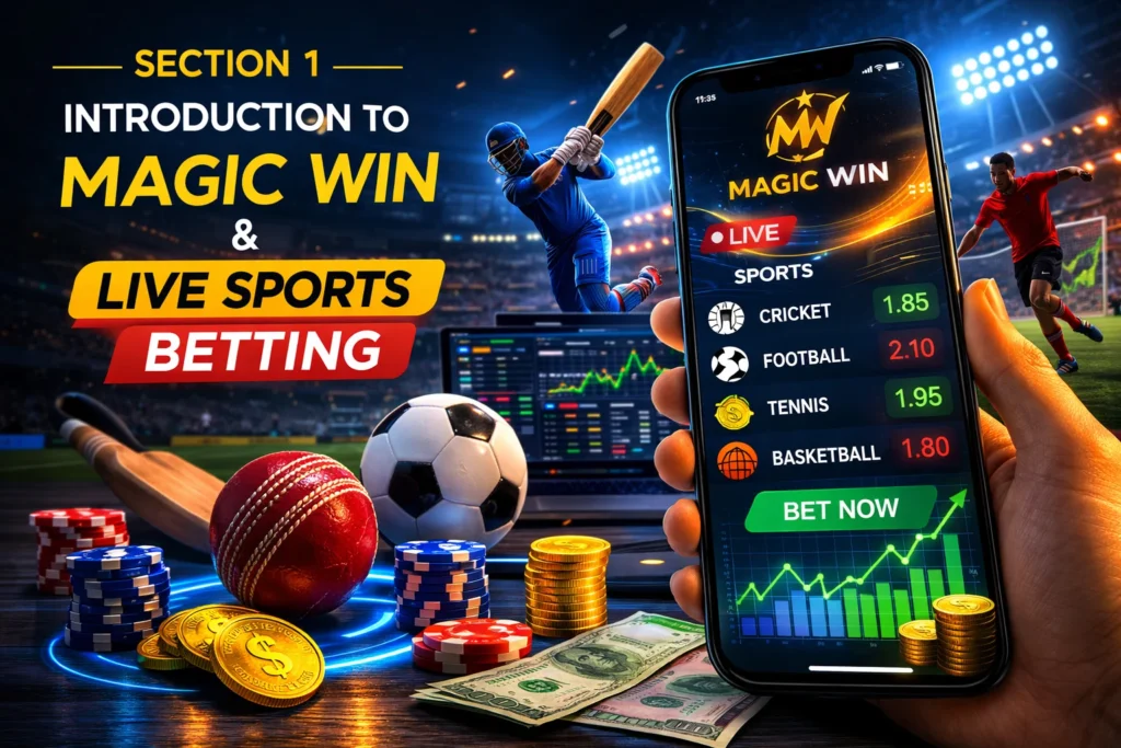 Magic Win live sports betting platform showing real-time odds, secure Sport Betting ID login, and online cricket betting interface.