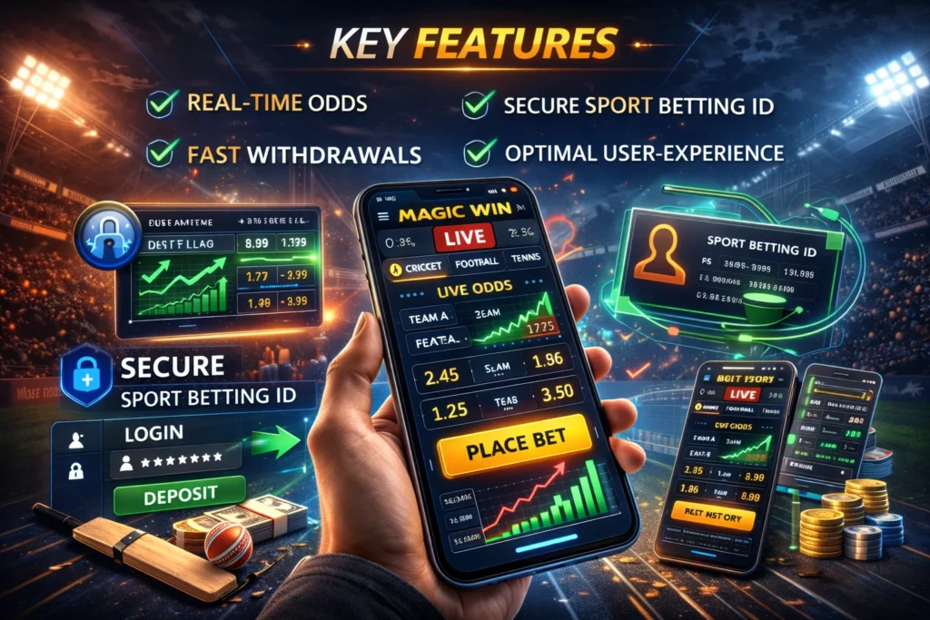 Magic Win live sports betting platform showing real-time odds, secure Sport Betting ID, fast withdrawals, and mobile betting interface.