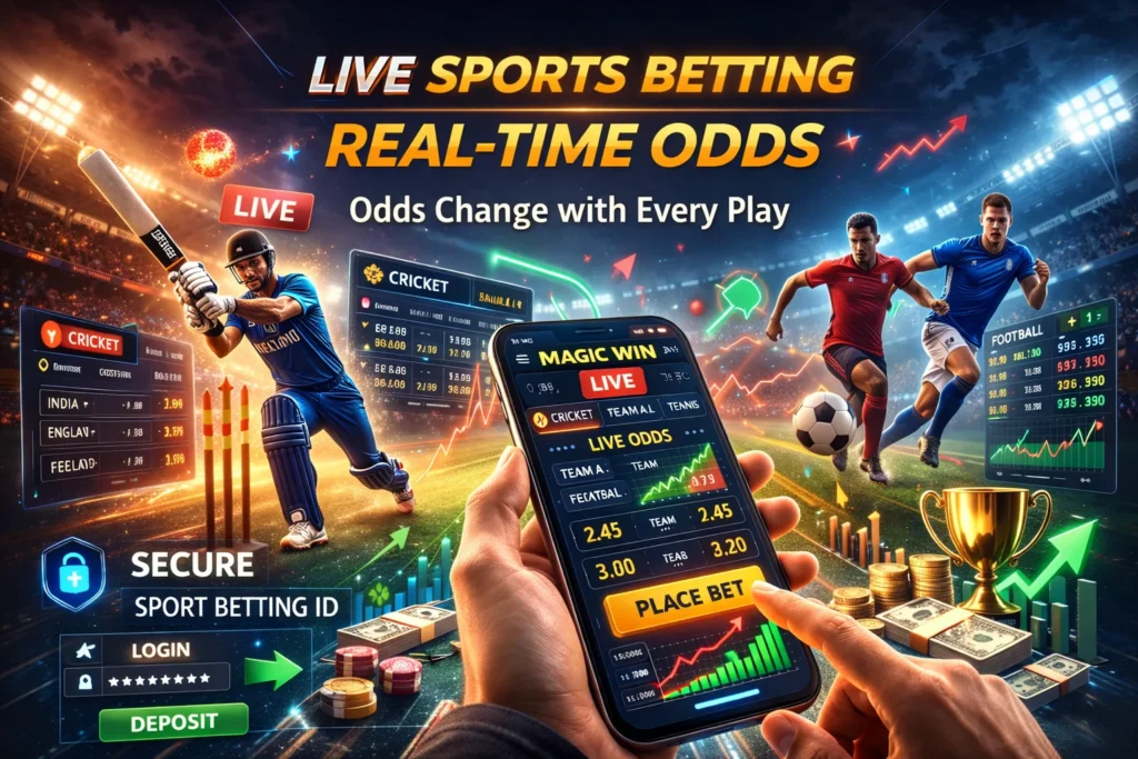 Live sports betting interface on Magic Win showing real-time odds updates for cricket and football with secure Sport Betting ID access.