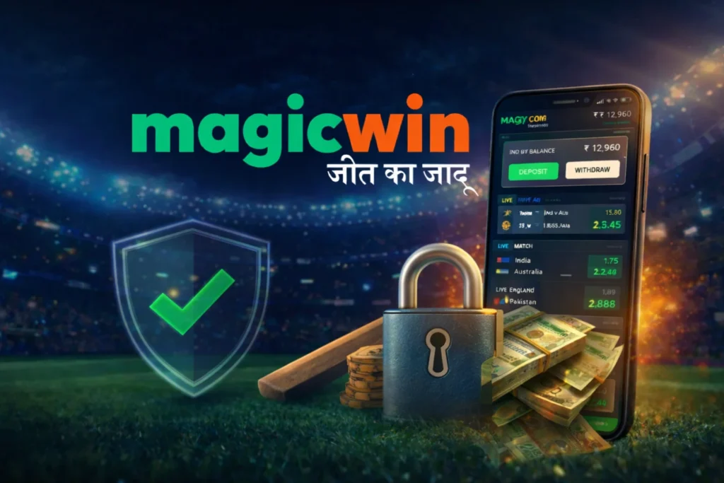 Magic Win secure Sport Betting ID platform with safety shield and live cricket betting interface