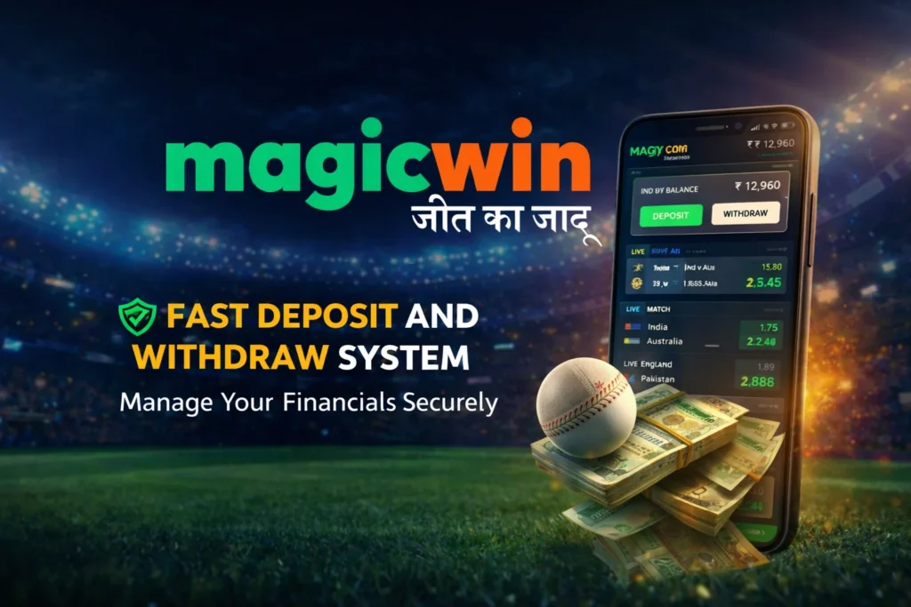 Magic Win Sport Betting ID platform showing live cricket betting dashboard with fast deposit and withdrawal system