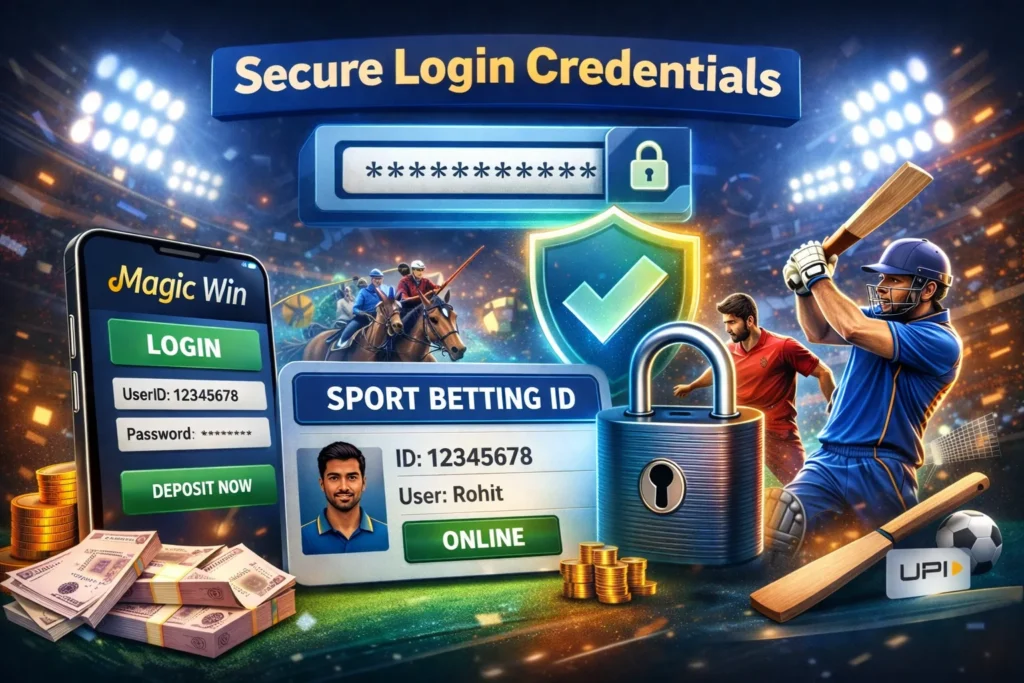 Secure login and Sport Betting ID dashboard on Magic Win online betting platform with sports and payment visuals