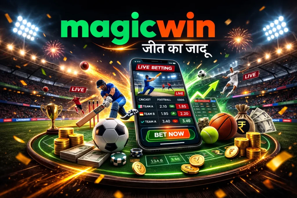 Magic Win sports betting book features displayed on mobile device with secure Sport Betting ID login and betting dashboard