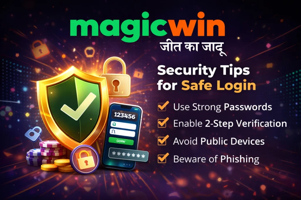 Magicwin ID Login security tips with shield icon, password protection, and two-step verification