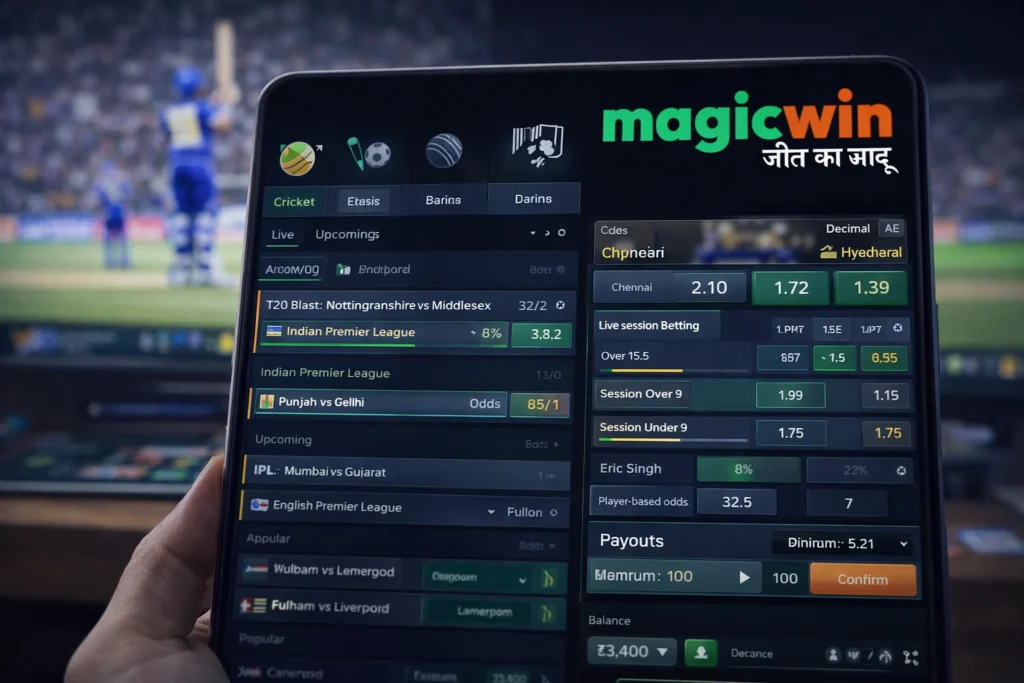 Magic win dashboard showing Online Betting Features with live odds and betting markets