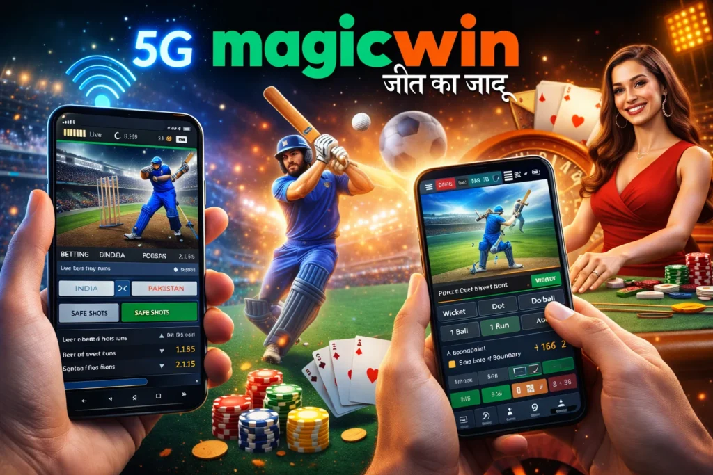Live gambling growth in India with Magic Win showing cricket betting, casino games, and mobile betting experience