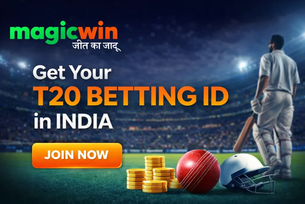 Magic Win T20 Betting ID in India banner showing cricket stadium and betting promotion