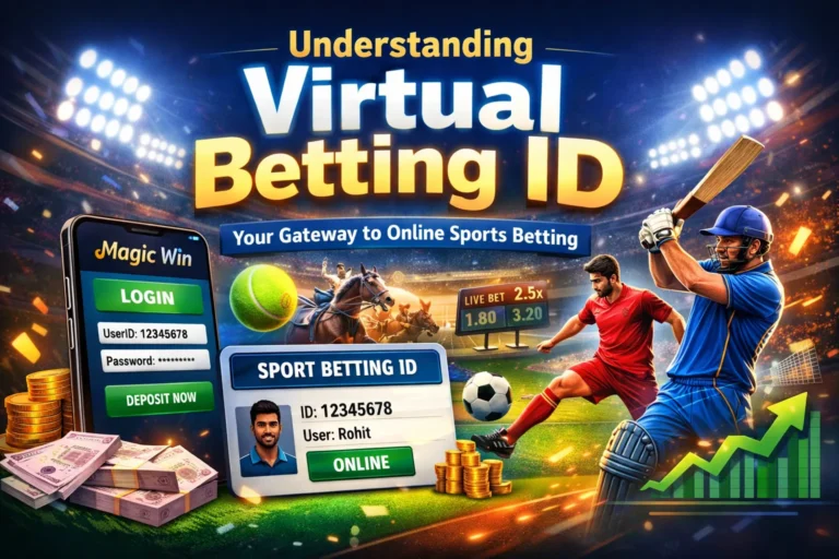 Illustration of Virtual Betting ID on Magic Win platform showing sports betting dashboard, login screen, and online sports betting elements