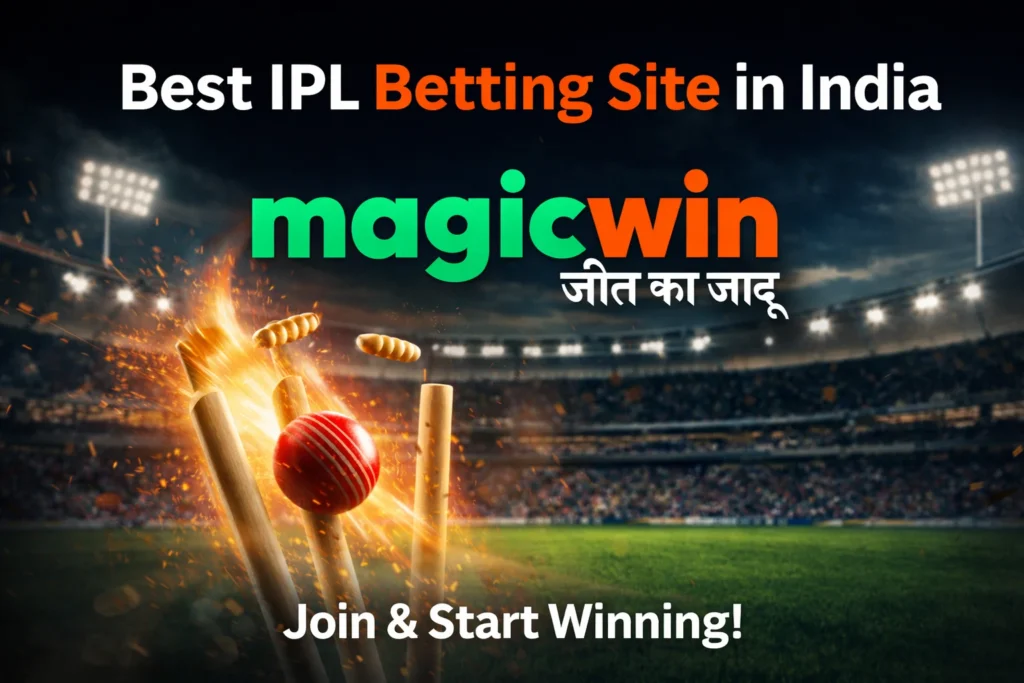 Best IPL Betting Site Magic Win platform with cricket stadium background and live betting concept