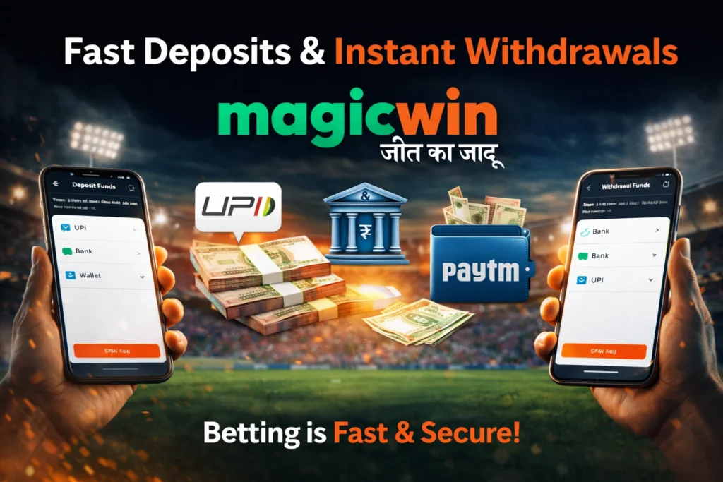 Magic Win IPL betting platform showing fast deposits and instant withdrawals using UPI and secure payments